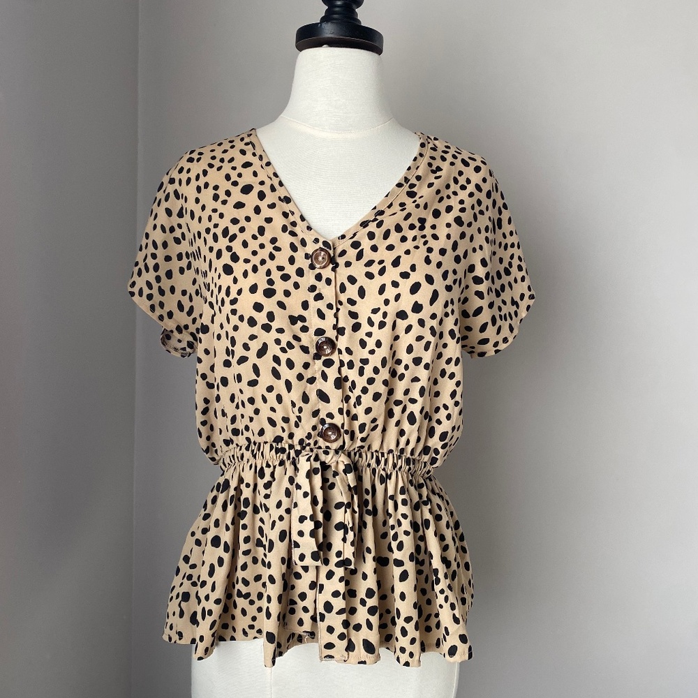 Black Dotted Tie-Front Blouse